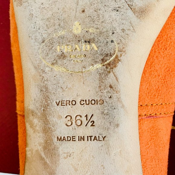 PRADA BALLET SUEDE FLATS ORANGE AND PINK WITH BOW ACCENT MADE IN ITALY - Picture 7 of 8